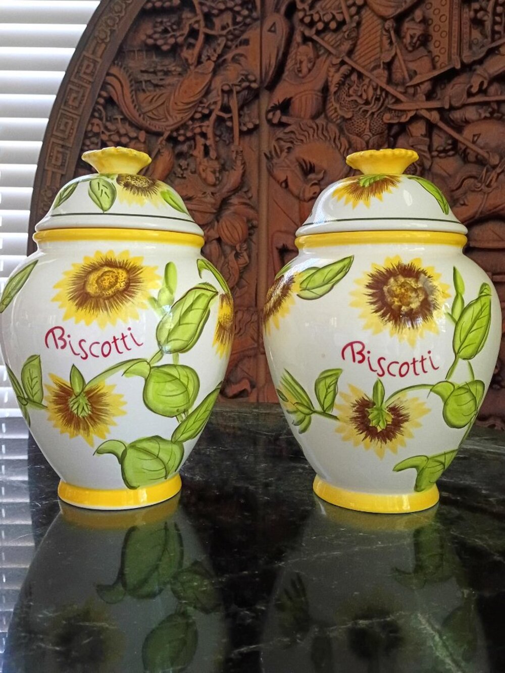 Nonni's Tuscan Large Sunflower Hand painted Ceramic Biscotti Cookie Jars Set - Picture 2 of 11